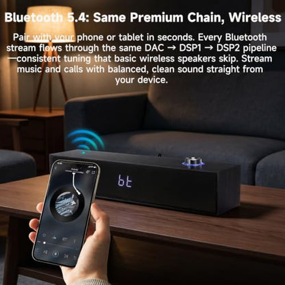 Sanyun SW012 Desktop PC Soundbar, USB-C for Power and Audio & Bluetooth 5.4 | Music & Conference Modes, MDF Wood Cabinet with Clock Display, Built-in 16bit DAC, Clear balanced sound, Plug and Play, Black - color: Black
