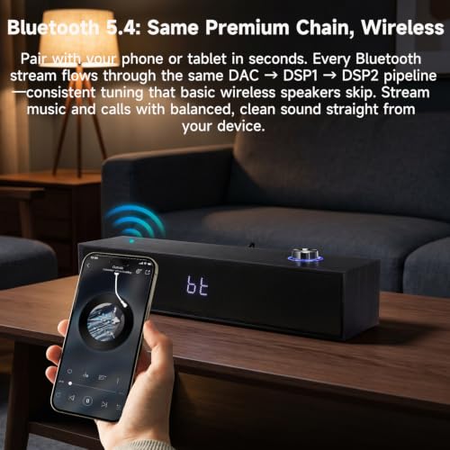 Sanyun SW012 Desktop PC Soundbar, USB-C for Power and Audio & Bluetooth 5.4 | Music & Conference Modes, MDF Wood Cabinet with Clock Display, Built-in 16bit DAC, Clear balanced sound, Plug and Play, Black - color: Black