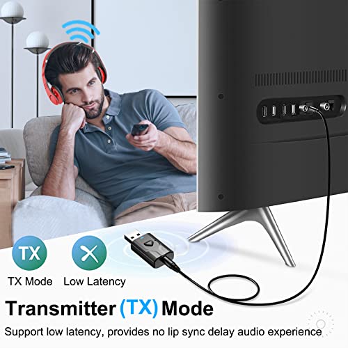 USB Bluetooth 5.0 Transmitter Receiver, 2-in-1 Wireless Audio Adapter | 3.5mm Aux Blutooth Adapter, Built in Mic/Low Latency/HD Audio/Plug n Play-for TV/PC/Car/Speaker