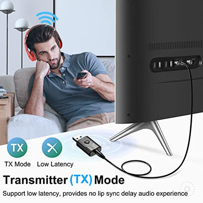 USB Bluetooth 5.0 Transmitter Receiver, 2-in-1 Wireless Audio Adapter | 3.5mm Aux Blutooth Adapter, Built in Mic/Low Latency/HD Audio/Plug n Play-for TV/PC/Car/Speaker