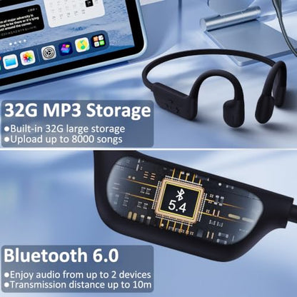 Swimming Headphones, IP68 Waterproof Bone Conduction Headphones, Bluetooth 6.0 &MP3 with32GB Memory Card, Skin Open Ear Swim Earbuds with Adjustable Headband for Swim Cap/Hat, Magnetic Charging(Grey)