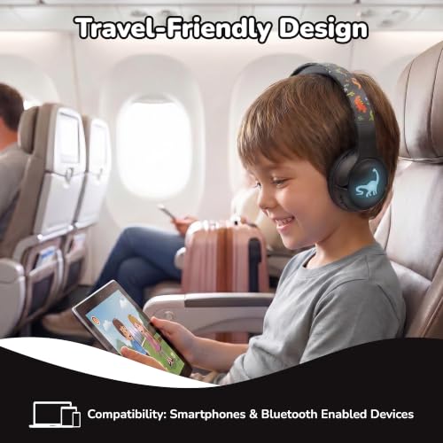 Kids Safe Wireless Light Up Headphones, Foldable Tangle-Free 3.5mm Jack, Volume Limiting 85/94dB, Over-Ear with Microphone for School/Toddlers/Teens/Boys/Girls/Ipad/Tablet/Kindle/Phones/Travel/Plane - color: Black