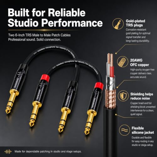 TRS Cable 1/4 Inch 6 Inch 2-Pack Gold-Plated Balanced for Guitar Keyboard | 2x 6in Balanced TRS Patch Cable 20AWG OFC Shielded for Mixer Amplifier Studio Monitor Pedalboard