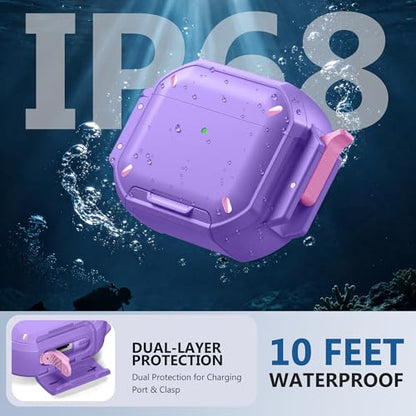 for AirPods Pro 3 Case, IP68 Waterproof Military Grade Protective Cover for AirPods Pro 3rd Gen, Anti-Scratch Hard Shell Cover with Secure Lock, Keychain & Phone Stand (2025), Purper - color: Purper