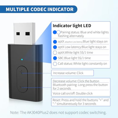 Bluetooth 5.3 Transmitter, APTX Adaptive APTX Low Latency Dual Device Connection,for PS5,PS4, Switch, PC, TV,Bluetooth Headphones (Plug Play)