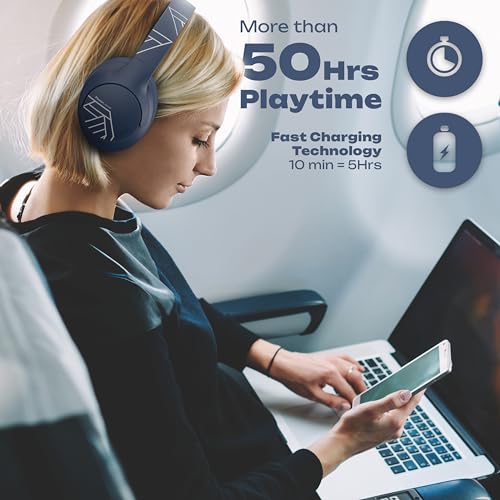 PowerLocus Bluetooth Headphones Over Ear, 50H Playtime with 4 EQ Modes Wireless Headphones with Microphone, HiFi Stereo Deep Bass, Soft Ear Cups, Foldable Lightweight Headset for Travel/Office/Workout - color: Blue