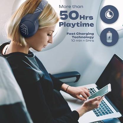 PowerLocus Bluetooth Headphones Over Ear, 50H Playtime with 4 EQ Modes Wireless Headphones with Microphone, HiFi Stereo Deep Bass, Soft Ear Cups, Foldable Lightweight Headset for Travel/Office/Workout - color: Blue
