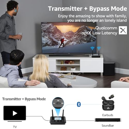1Mii B03+ Bluetooth 5.3 Transmitter Receiver for TV Home Stereo | LCD Screen, aptX Adaptive/Low Latency/HD, Dual Link, Wireless Audio Adapter with Optical/RCA/3.5mm AUX, Soundbar Passthrough