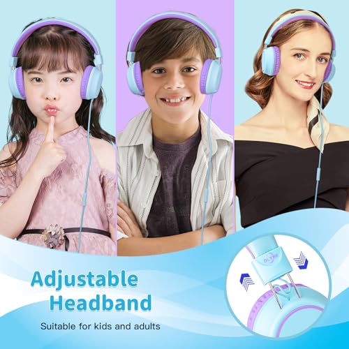 Olyre Kids Headphones, Toddler Headphones with Cord for School Plane Travel, Lightweight Stereo Wired Children Earphones with HD Microphone for Boys Girls for PC Cellphone Tablet(Icy Mint Blue/Purple) | Blue, purple; Over ear headphones with cord for scho