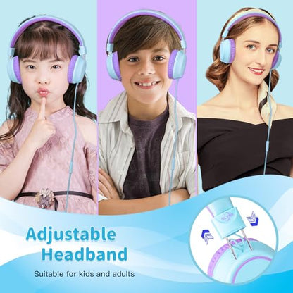 Olyre Kids Headphones, Toddler Headphones with Cord for School Plane Travel, Lightweight Stereo Wired Children Earphones with HD Microphone for Boys Girls for PC Cellphone Tablet(Icy Mint Blue/Purple) | Blue, purple; Over ear headphones with cord for scho