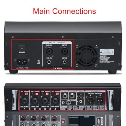 Audio Mixer 4 Channel, DJ Mixer with Power Amplifier, Audio Sound Card with 48V Phantom Power, Usb Audio Interface, Sounds Mixer Board with 99 DSP FX Reverb Delay Effect for Streaming