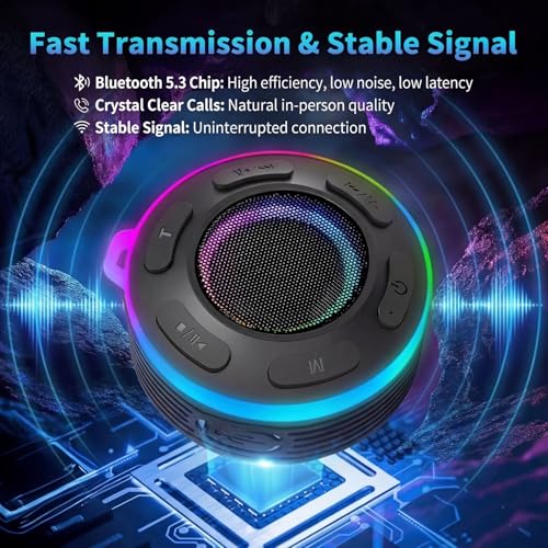 Portable Bluetooth Shower Speaker with Waterproof,Stereo,LED Light | Over 10H Playtime,Built-in Micro,Suction Cup&Hook,for Outdoor,Kitchen,Kayak,Beach,Camping,Gifts for Unisex