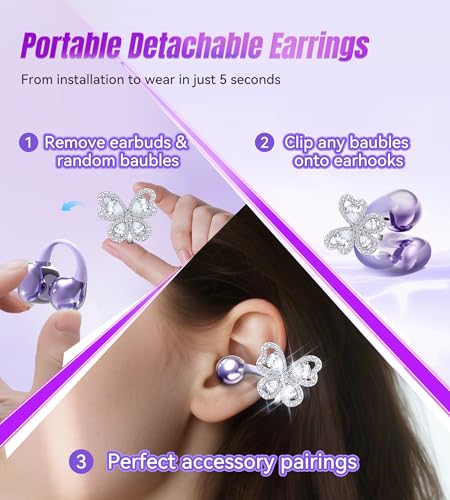 King Lucky Open Ear Earbuds Clip on Wireless Bluetooth 5.4 Headphones with Mic,50H Play,ENC Call,Waterproof,Jewelry Ear Buds,Comfortable for Small Ears&Glasses Wearers,Workouts (01-Purple) - color: 01-Purple