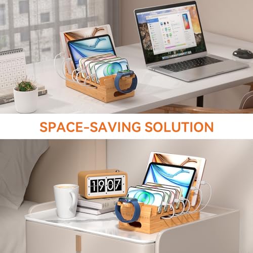 Pezin & Hulin Bamboo Charging Station for Multiple Device Phone Watch Stand | 100% natural bamboo, heavy stable base, non-slip pads, hidden cable compartment, 7 slots, 5 cables included. No USB HUB