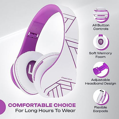 PowerLocus Bluetooth Over-Ear Headphones, Wireless Stereo Foldable Headphones Wireless and Wired Headsets with Built-in Mic, Micro SD/TF, FM for iPhone/Samsung/iPad/PC (White/Violet) - color: White/Violet