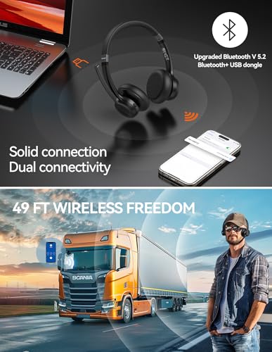 TECKNET Wireless Headset with USB Dongle, Bluetooth Headset with Noise Cancelling Mic - Rechargeable Bluetooth V5.2, 50H Playtime & Mic Mute, On Ear Headphones for Trucker/Remote Work/Call Center - color: Glossy Black