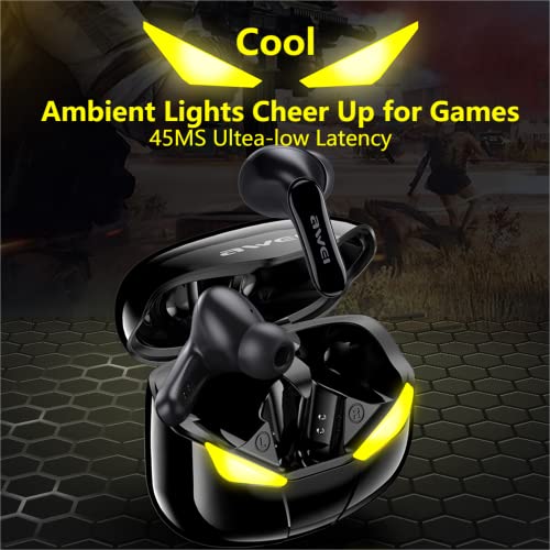 AWEI T35 Gaming Earbuds with Microphone,Wireless Bluetooth High Sensitivity Headphones with Game/Music Mode Breath Lights and 45 ms Ultra Low Latency(White)