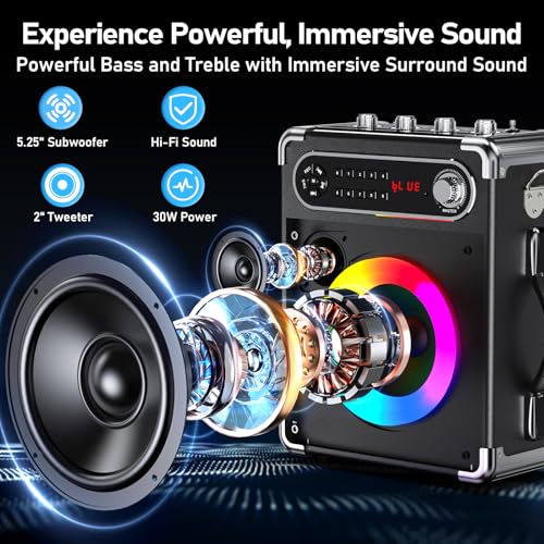 Karaoke Machine with 3 Wireless 0-Delay Microphones for Adults, Portable Bluetooth Speaker with 5.25" Woofer & 2" Tweeter, PA System Bass/Treble/Echo Control Supports TWS/FM/TV/AUX/USB/TF/REC - size: 3 Mics