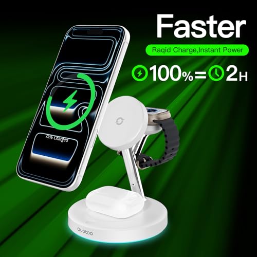3 in 1 MagSafe Wireless Charger Stand for iPhone Apple Watch AirPods | Adjustable Blue Ambient Light,15W Magnetic Charging Station for iPhone 17 16 15 14 13 12 Series Wireless Charging Station - color: White