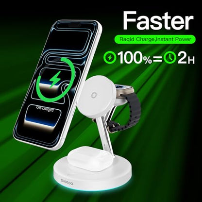 3 in 1 MagSafe Wireless Charger Stand for iPhone Apple Watch AirPods | Adjustable Blue Ambient Light,15W Magnetic Charging Station for iPhone 17 16 15 14 13 12 Series Wireless Charging Station - color: White