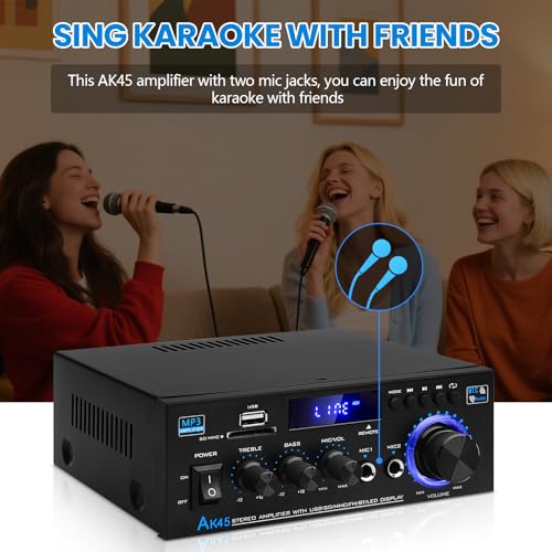 Bluetooth 5.0 Audio Amplifier Receiver AK45 HiFi Stereo Mini Power Amps | RMS 40W x 2 Max. 600W 2.0 Channel Home Theater Audio Components Speakers Amp W/MIC,USB, RCA,FM Radio - color: AK-45(2.0CH 40W+40W RMS)