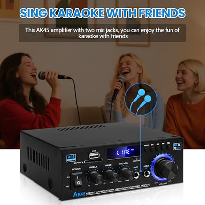 Bluetooth 5.0 Audio Amplifier Receiver AK45 HiFi Stereo Mini Power Amps | RMS 40W x 2 Max. 600W 2.0 Channel Home Theater Audio Components Speakers Amp W/MIC,USB, RCA,FM Radio - color: AK-45(2.0CH 40W+40W RMS)