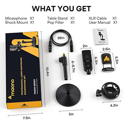 MAONO PM500 XLR Condenser Microphone, 34mm Large Diaphragm for Studio Vocal | Cardioid Pickup, Professional Studio Sound for Podcasting, Recording, Streaming, Vocals, Voice-over, Music, ASMR
