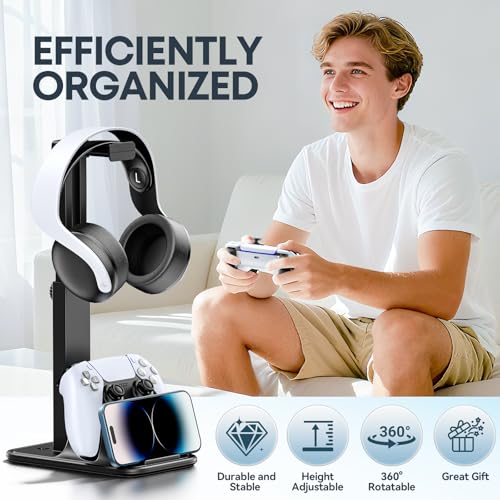 Gaming Headset & Controller Stand, Rotating Headphone Storage with Controller & Phone Holder, Game Desk Storage with Cable Organizer for PS5/PS4/XBOX PC Gamer Essentials Organizer Gift Accessories - size: S-Black-Standard