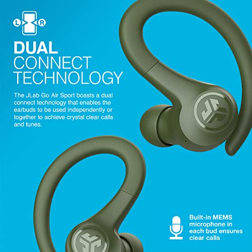 JLab Go Air Sport, Wireless Workout Earbuds Featuring C3 Clear Calling, Secure Earhook Sport Design, 32+ Hour Bluetooth Playtime, and 3 EQ Sound Settings (Green) | Wireless Sports Headphones, EQ3 Sound Sweatproof Sports Earphone, Wireless Headphones - col