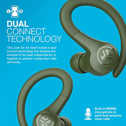 JLab Go Air Sport, Wireless Workout Earbuds Featuring C3 Clear Calling, Secure Earhook Sport Design, 32+ Hour Bluetooth Playtime, and 3 EQ Sound Settings (Green) | Wireless Sports Headphones, EQ3 Sound Sweatproof Sports Earphone, Wireless Headphones - col