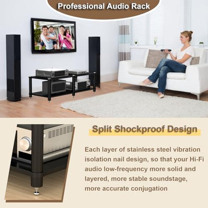 2-Tier AV Media Stand with Speaker Spikes for Home Theater | 2-Tier Audio Cabinet, Black, Open Shelving, Speaker Spikes Reduce Vibration, CD/Receiver/Turntable, Home Theater, Office
