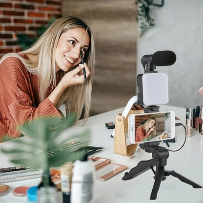 Tripod Vlogging Kit for iPhone and Android with LED Light Mini Shotgun Mic Adjustable Phone Holder for Travel, Live Streaming, Black - color: Black