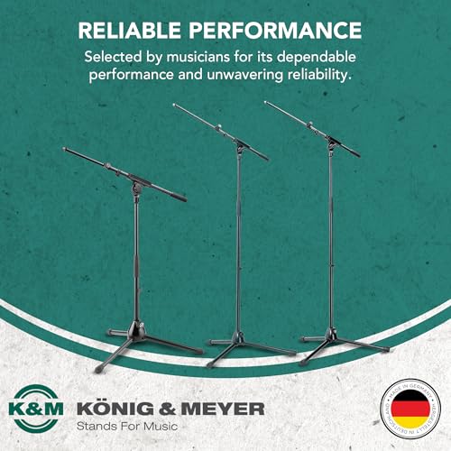 K&M Konig & Meyer 21080.500.55 Tripod Microphone Stand w/Telescoping Boom | Clutch Height Adjustment | Soft-Touch Lock | Folding Leg Design | Zinc Die-Cast Base | German Made | Black - color: Black
