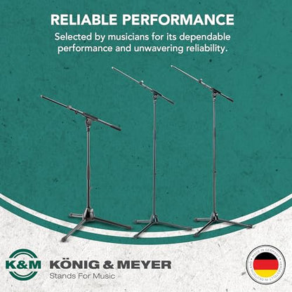 K&M Konig & Meyer 21080.500.55 Tripod Microphone Stand w/Telescoping Boom | Clutch Height Adjustment | Soft-Touch Lock | Folding Leg Design | Zinc Die-Cast Base | German Made | Black - color: Black
