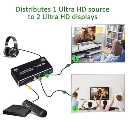 HDMI Splitter 1 in 2 Out, 4K@60Hz HDMI Splitter 1x2 with Audio Extractor 3.5mm Audio Jack + Coaxial + Optical Toslink SPDIF for Xbox, PS4, Blu-ray