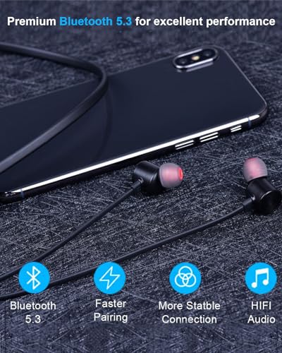NANAMI Earbuds, Update Bluetooth Wireless Headphones, IPX7 Waterproof, in-Ear Earphones with Mic, Magnetic Neckband, HiFi Stereo Deep Bass Noise Cancellation Headsets,18 Hours Playtime for Gym,Sports - color: Black with red
