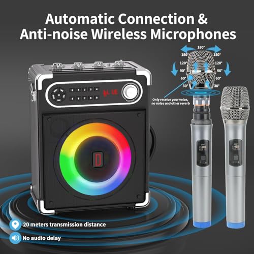 Karaoke Machine with 4 Wireless Microphones, Portable Bluetooth 5.1 Speaker for Adults Kids with LED Lights, Bass/Treble Adjustment, PA System with Remote Control, Supports FM/AUX/USB/TF for Party