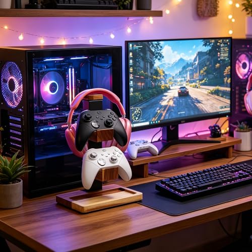 Acacia Wood Gaming Headset Stand & Dual Controller Holder, Solid Wood Desk Organizer Compatible with PS5, Xbox, Switch, Over-Ear Headphones, Gamer Gift for Men