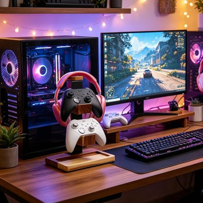 Acacia Wood Gaming Headset Stand & Dual Controller Holder, Solid Wood Desk Organizer Compatible with PS5, Xbox, Switch, Over-Ear Headphones, Gamer Gift for Men