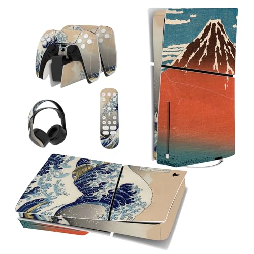 PlayVital Full Set Skin Sticker for ps5 Slim Console Disc Edition (The New Smaller Design), Vinyl Skin Decal Cover for ps5 Controller & Headset & Charging Station & Media Remote - The Great Wave - color: The Great Wave