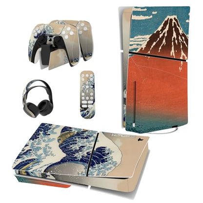 PlayVital Full Set Skin Sticker for ps5 Slim Console Disc Edition (The New Smaller Design), Vinyl Skin Decal Cover for ps5 Controller & Headset & Charging Station & Media Remote - The Great Wave - color: The Great Wave