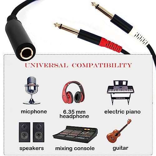 1/4 Splitter Cable, 1/4 Inch TRS Female to Dual 1/4 Inch TS Male Audio Splitter Adapter, 6.35mm TRS 1 Female to 2 Male TS Stereo Breakout Cable - 1 FT - style: 6.35mm TRS Female to Dual 6.35mm TS