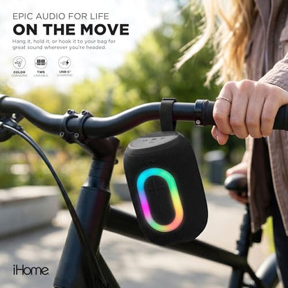 iHome Quest Wireless Portable Bluetooth Speaker with RGB Light | Water-Resistant, Built-In Carry Strap, TWS Pairing, Rechargeable Battery, USB-C Cable Included, True Stereo, Bluetooth 5.3 - color: Black