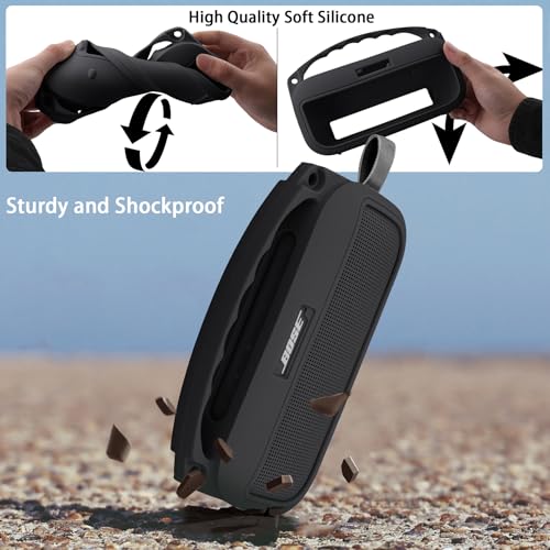 co2CREA Hard and Silicone Travel Case for Bose SoundLink Flex 2/1, Black | 2nd Gen Compatibility, Dual-Layer Protection, EVA Hard Shell, Silicone Cover, Adjustable Shoulder Strap, Aluminum Carabiner - color: Black Case