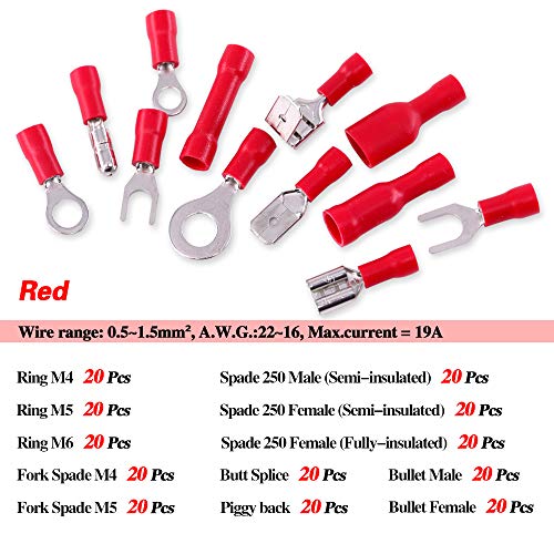 Glarks 540pcs 22-16/16-14/12-10 Gauge Mixed Quick Disconnect Electrical Insulated Butt Bullet Spade Fork Ring Solderless Crimp Terminals Connectors Assortment Kit