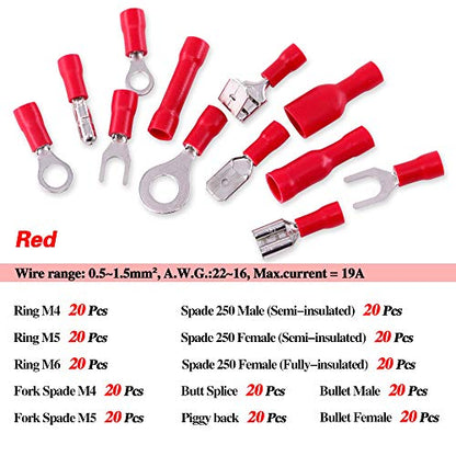Glarks 540pcs 22-16/16-14/12-10 Gauge Mixed Quick Disconnect Electrical Insulated Butt Bullet Spade Fork Ring Solderless Crimp Terminals Connectors Assortment Kit
