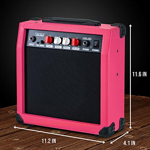 LyxPro Electric Guitar Amp 20 Watt Amplifier Built in Speaker Headphone Jack and Aux Input Includes Gain Bass Treble Volume and Grind - Pink - color: Pink, size: 20 Watt
