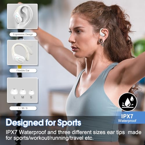 Wireless Earbuds 75H Bluetooth 5.4 Sport Headphones with Earhooks, White | IPX7 Waterproof In-ear Buds Feature ENC Noise Cancelling Mic & Deep Bass. Stereo Sound Device for Gym Running Workout - color: White