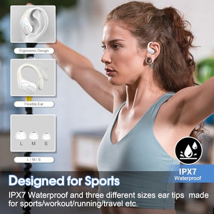 Wireless Earbuds 75H Bluetooth 5.4 Sport Headphones with Earhooks, White | IPX7 Waterproof In-ear Buds Feature ENC Noise Cancelling Mic & Deep Bass. Stereo Sound Device for Gym Running Workout - color: White