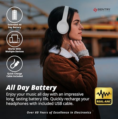 SENTRY OSH Over Ear Bluetooth Wireless Headphones, Active Noise Canceling -20dB Reduction, 22 Hour Battery Life, Control Buttons, Built in Microphone, USB C Charging and Carrying Case Included (White) - color: White